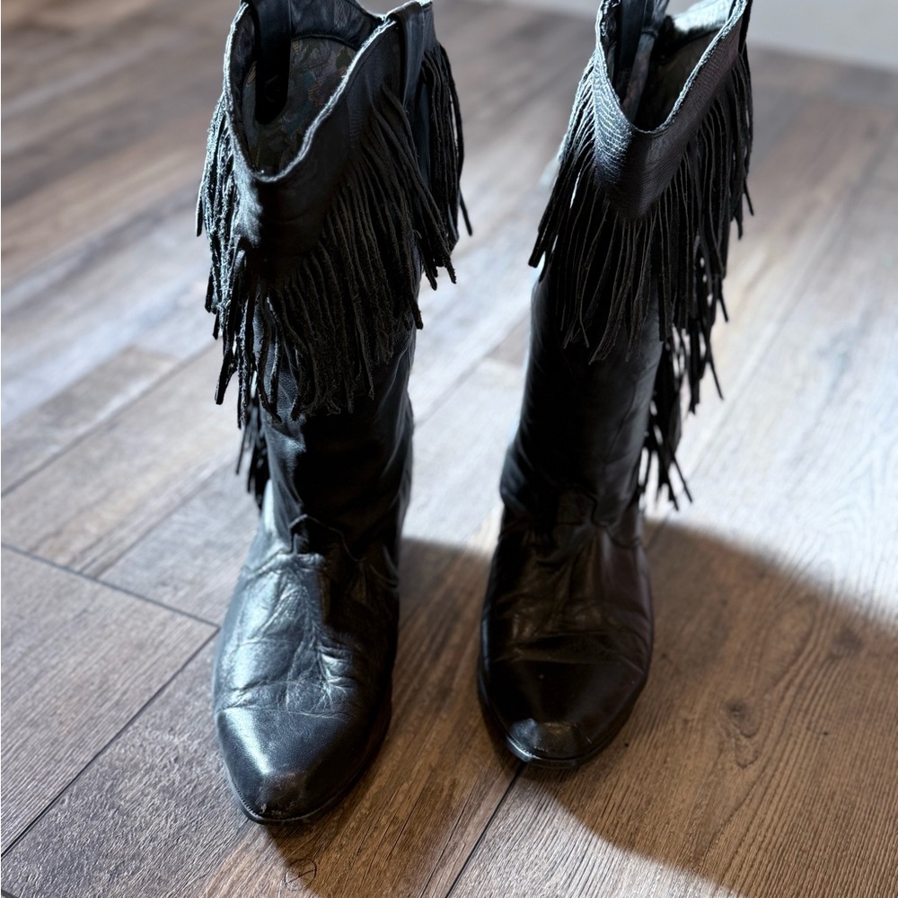 Vintage Black Fringe Leather Mid-Calf Women's Boots - Picture 3 of 13